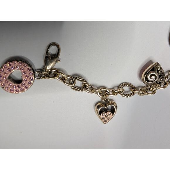 Brighton Heart Charm Bracelet 7.5in Pink Crystal Silver Tone Chain Adjustable - Picture 3 of 6